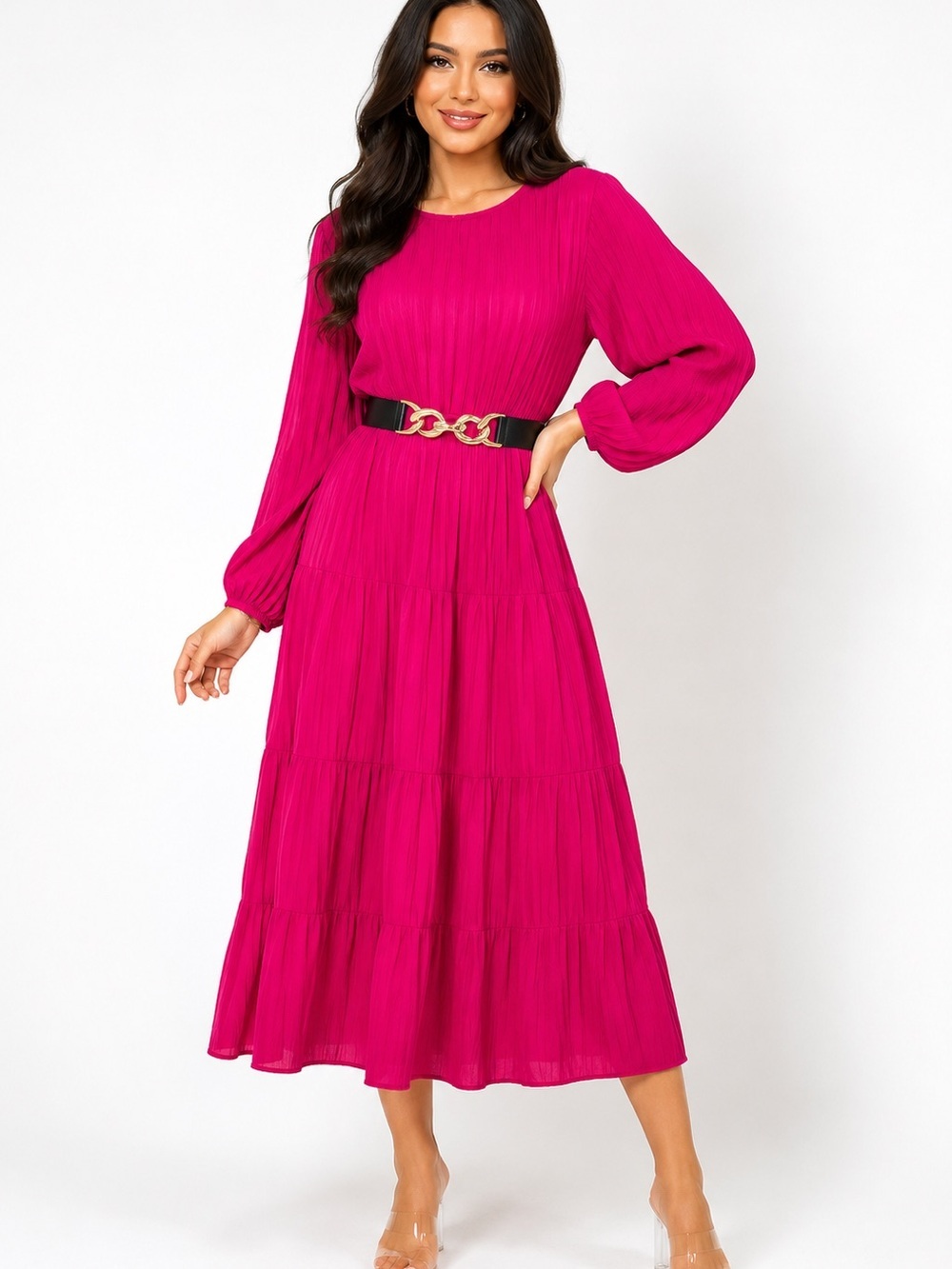 Fuchsia Long-Sleeve Tiered Maxi Dress
